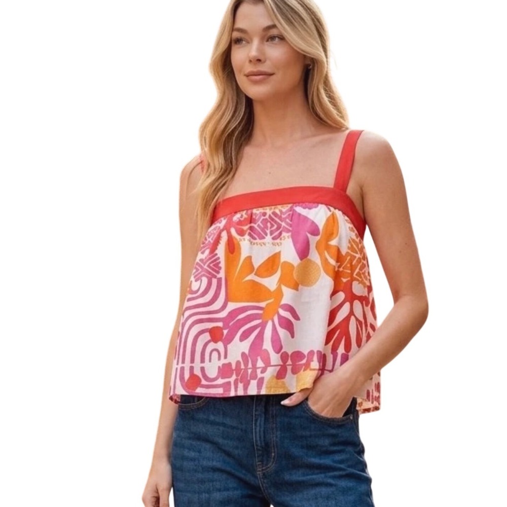 Flying Tomato Red Pink Tropical Print Cotton Cami Top Size M